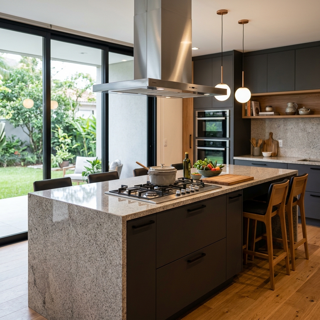 Coifa residencial de alto padrão instalada em cozinha moderna